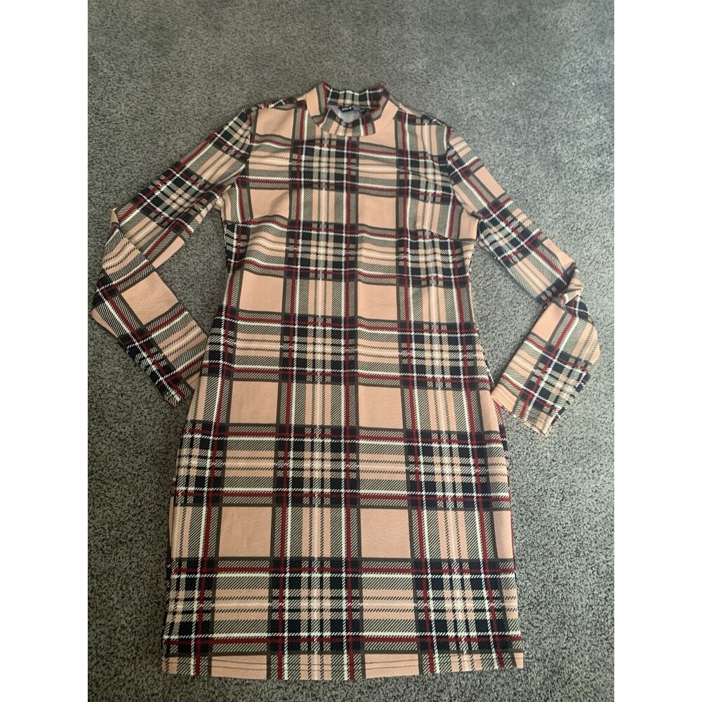SHEIN Mock Neck Peach Plaid Bodycon Mini Dress Size Large